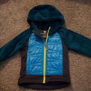 Obermeyer Teal & Bright Blue Hooded Kids Jacket with Neon Zipper